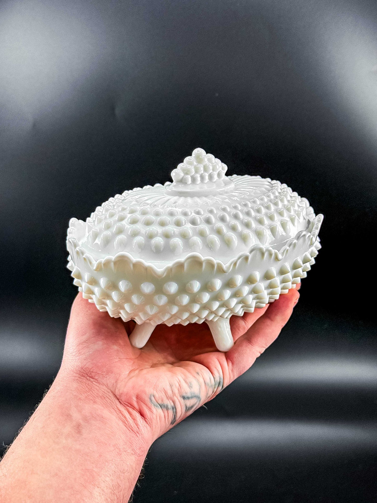 Oval White Hobnail Milk Glass Footed Covered Dish