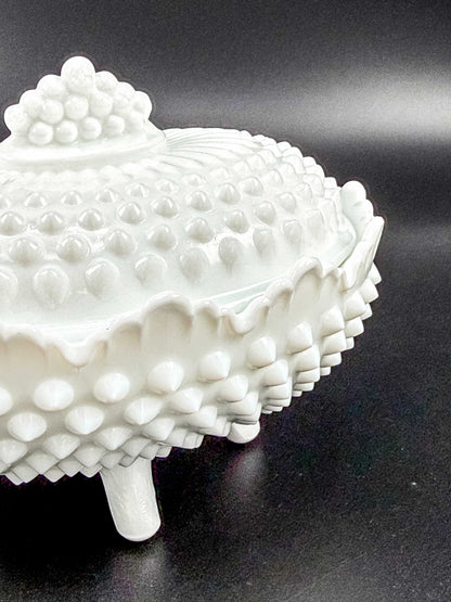 Oval White Hobnail Milk Glass Footed Covered Dish