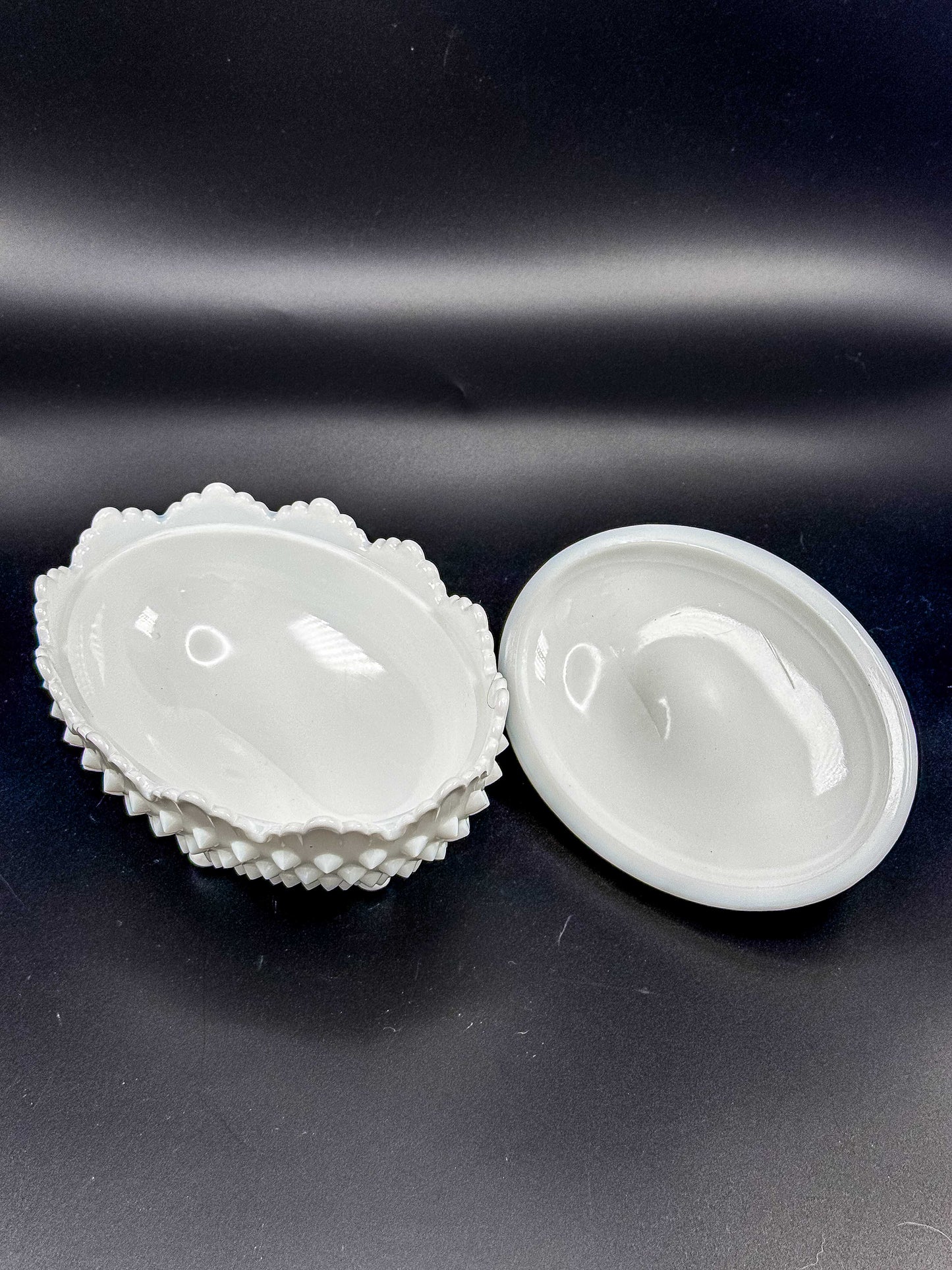 Oval White Hobnail Milk Glass Footed Covered Dish