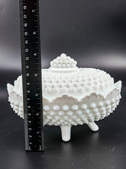 Oval White Hobnail Milk Glass Footed Covered Dish