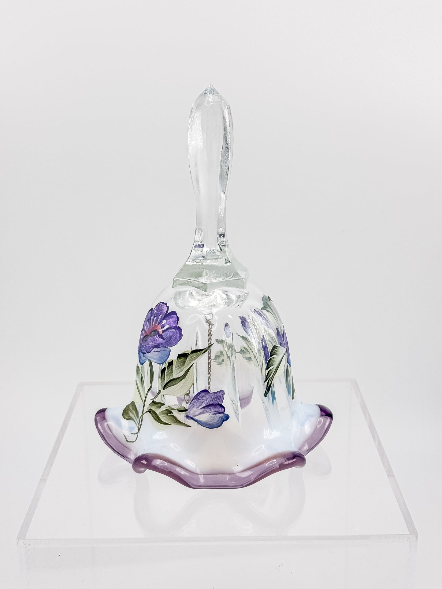 Fenton Art Glass Bell – Hand-Painted Violet Floral Opalescent