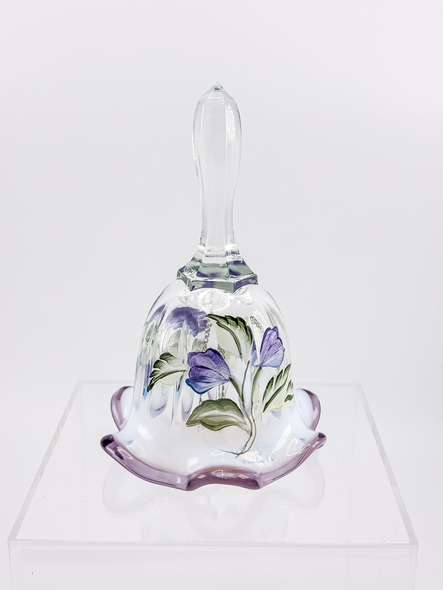 Fenton Art Glass Bell – Hand-Painted Violet Floral Opalescent