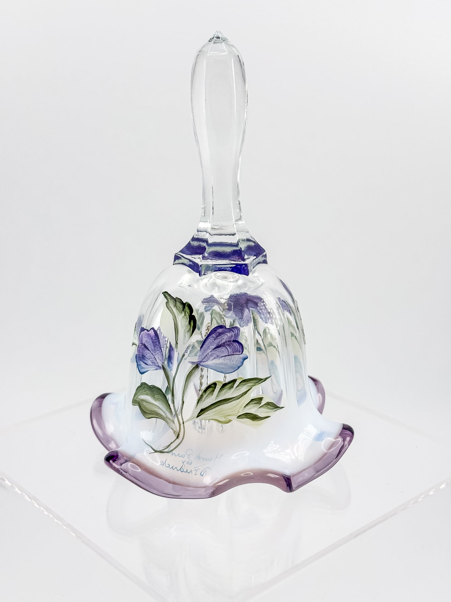 Fenton Art Glass Bell – Hand-Painted Violet Floral Opalescent