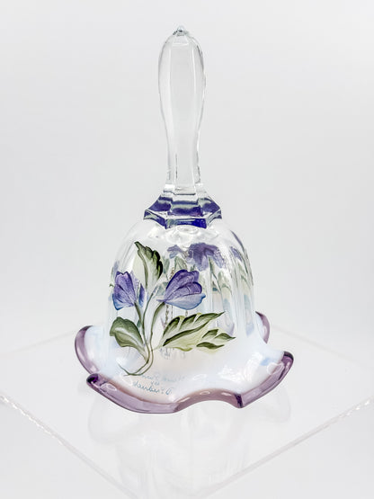 Fenton Art Glass Bell – Hand-Painted Violet Floral Opalescent