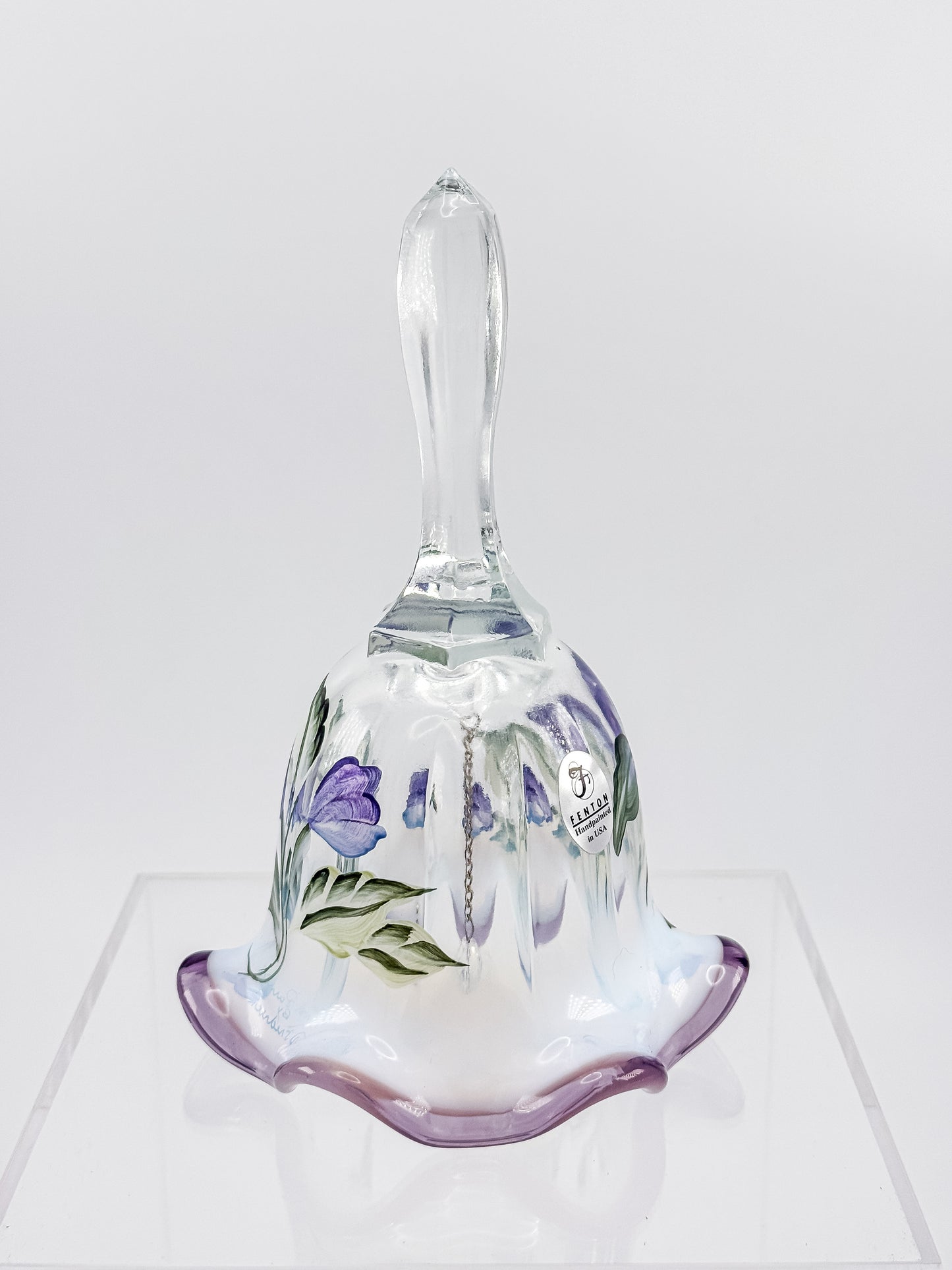 Fenton Art Glass Bell – Hand-Painted Violet Floral Opalescent