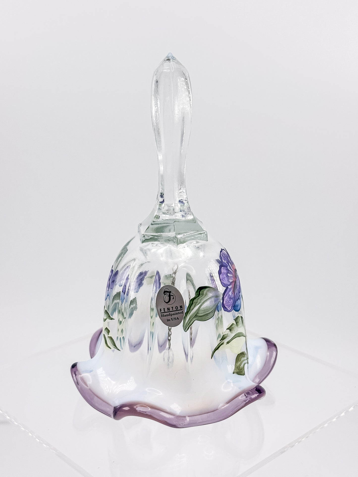 Fenton Art Glass Bell – Hand-Painted Violet Floral Opalescent