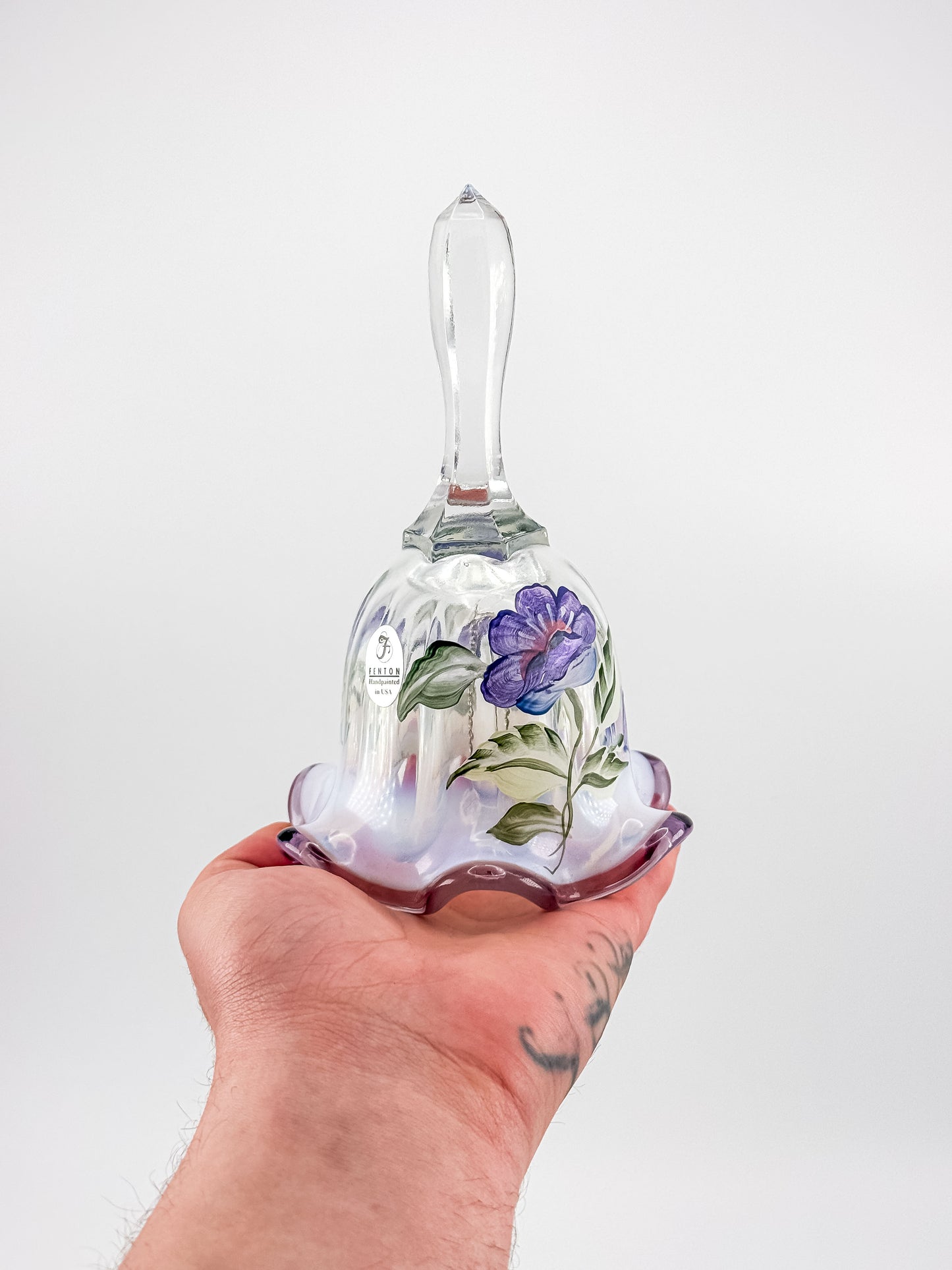 Fenton Art Glass Bell – Hand-Painted Violet Floral Opalescent