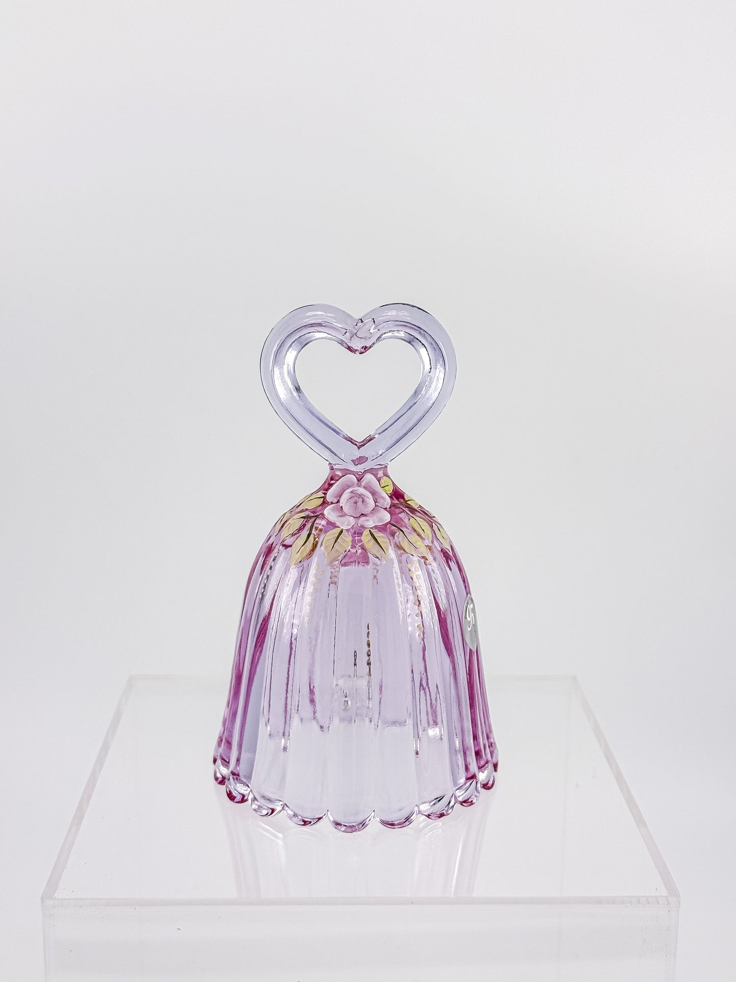 Fenton Art Glass 95th Anniversary Bell – Rosalene Pink Heart Handle Hand-Painted Roses