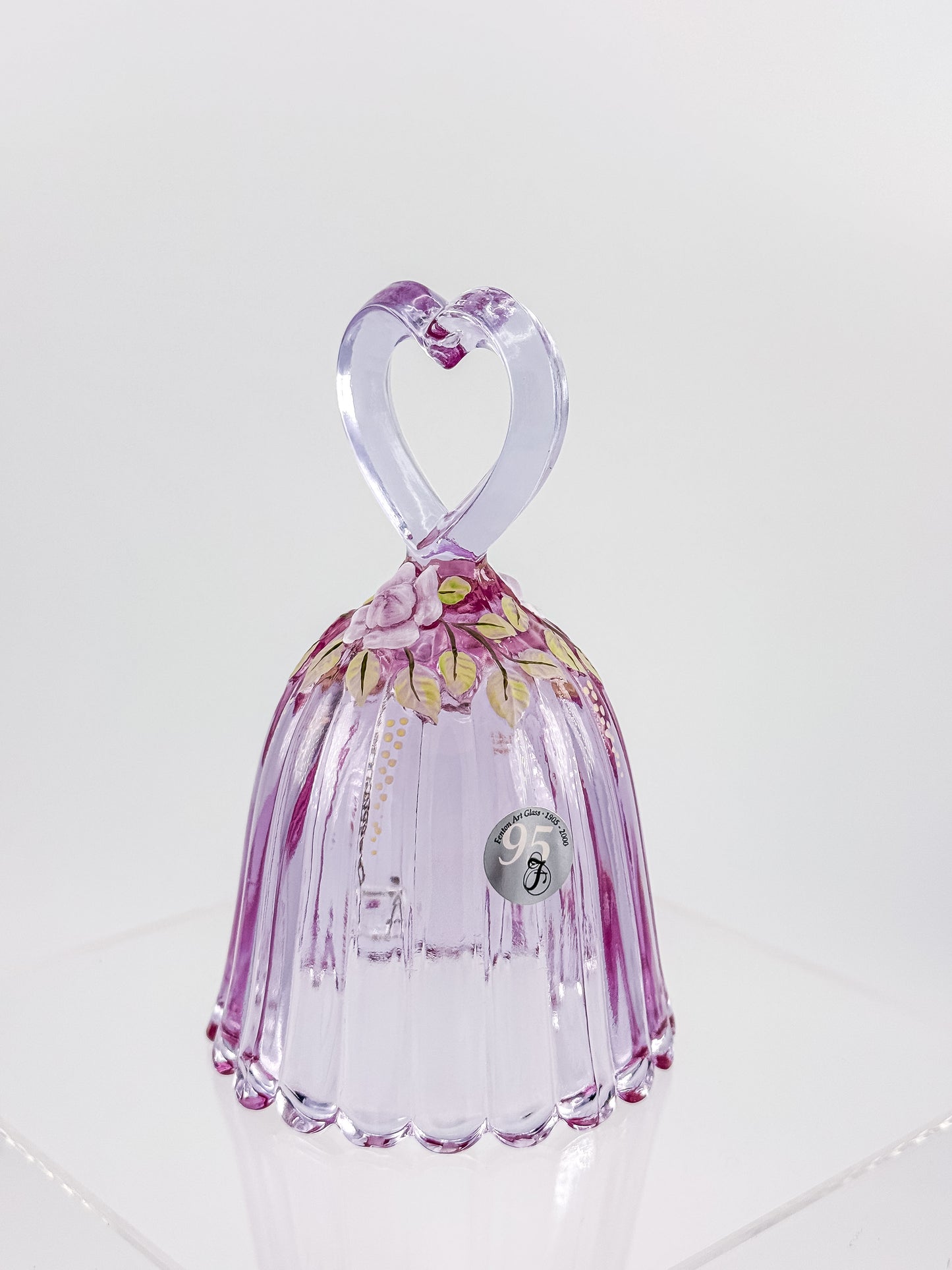 Fenton Art Glass 95th Anniversary Bell – Rosalene Pink Heart Handle Hand-Painted Roses