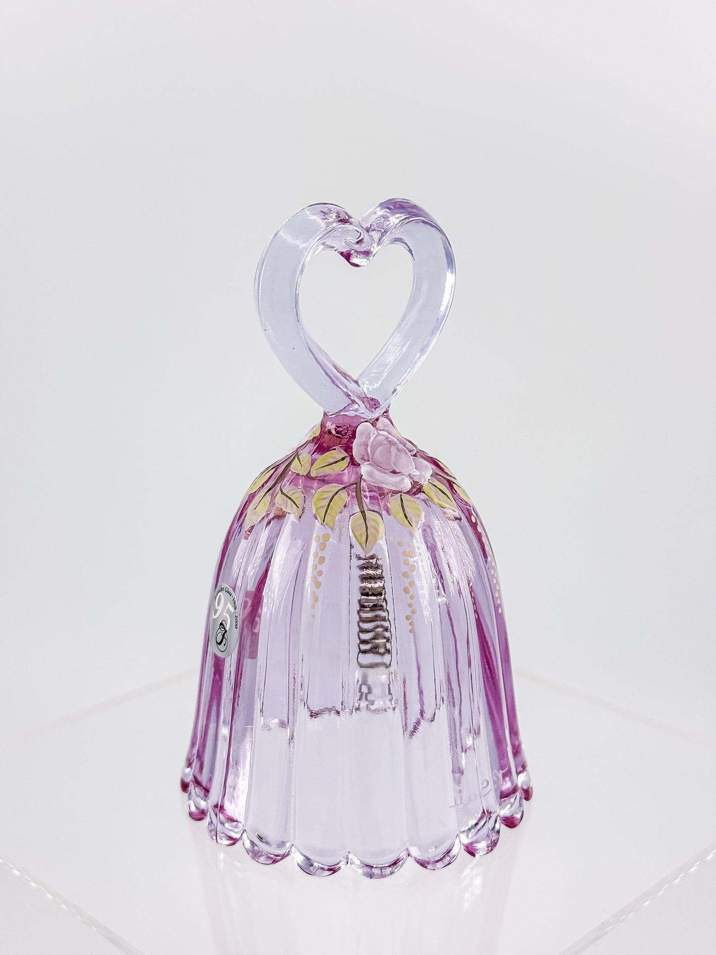 Fenton Art Glass 95th Anniversary Bell – Rosalene Pink Heart Handle Hand-Painted Roses