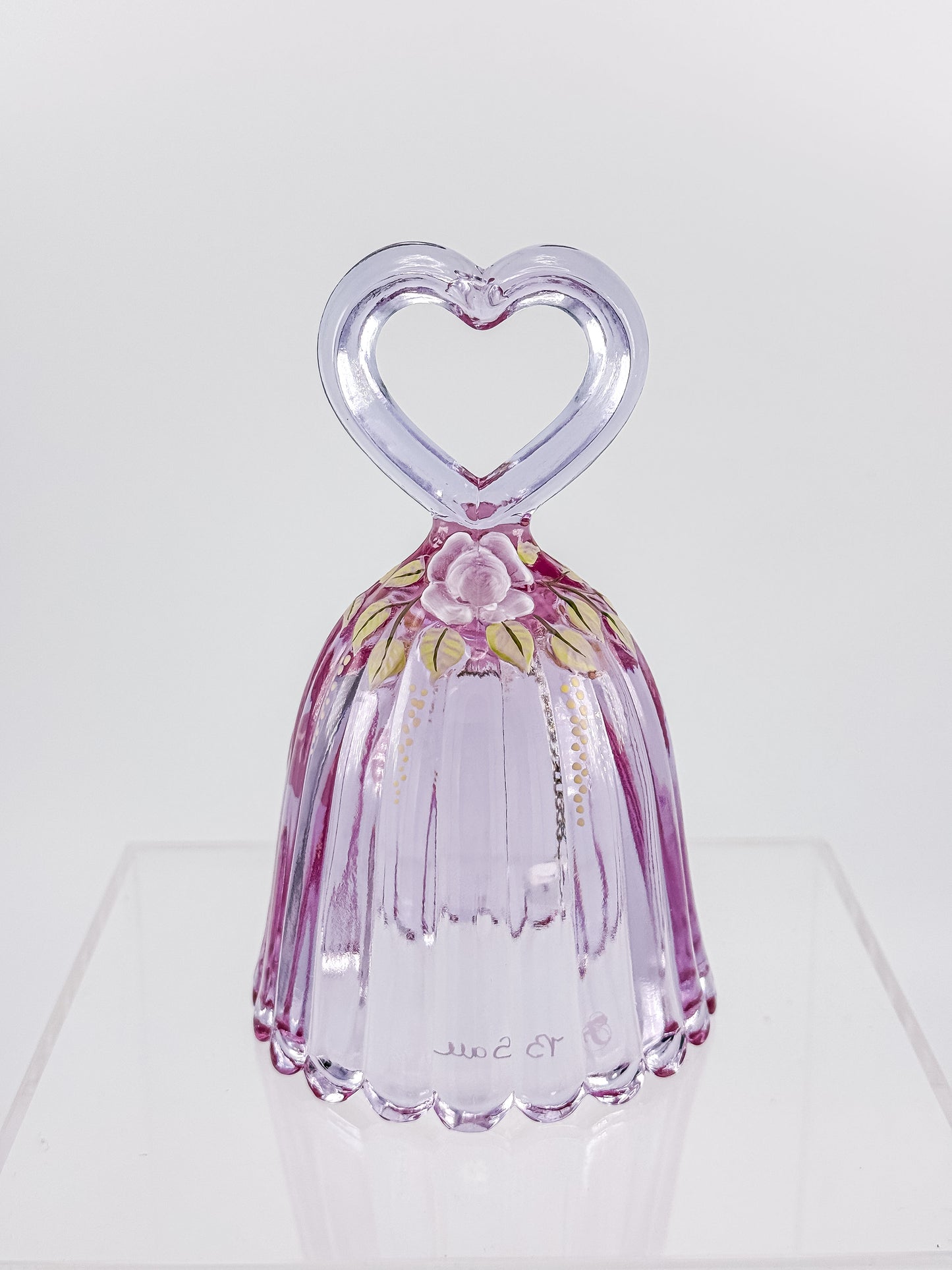 Fenton Art Glass 95th Anniversary Bell – Rosalene Pink Heart Handle Hand-Painted Roses