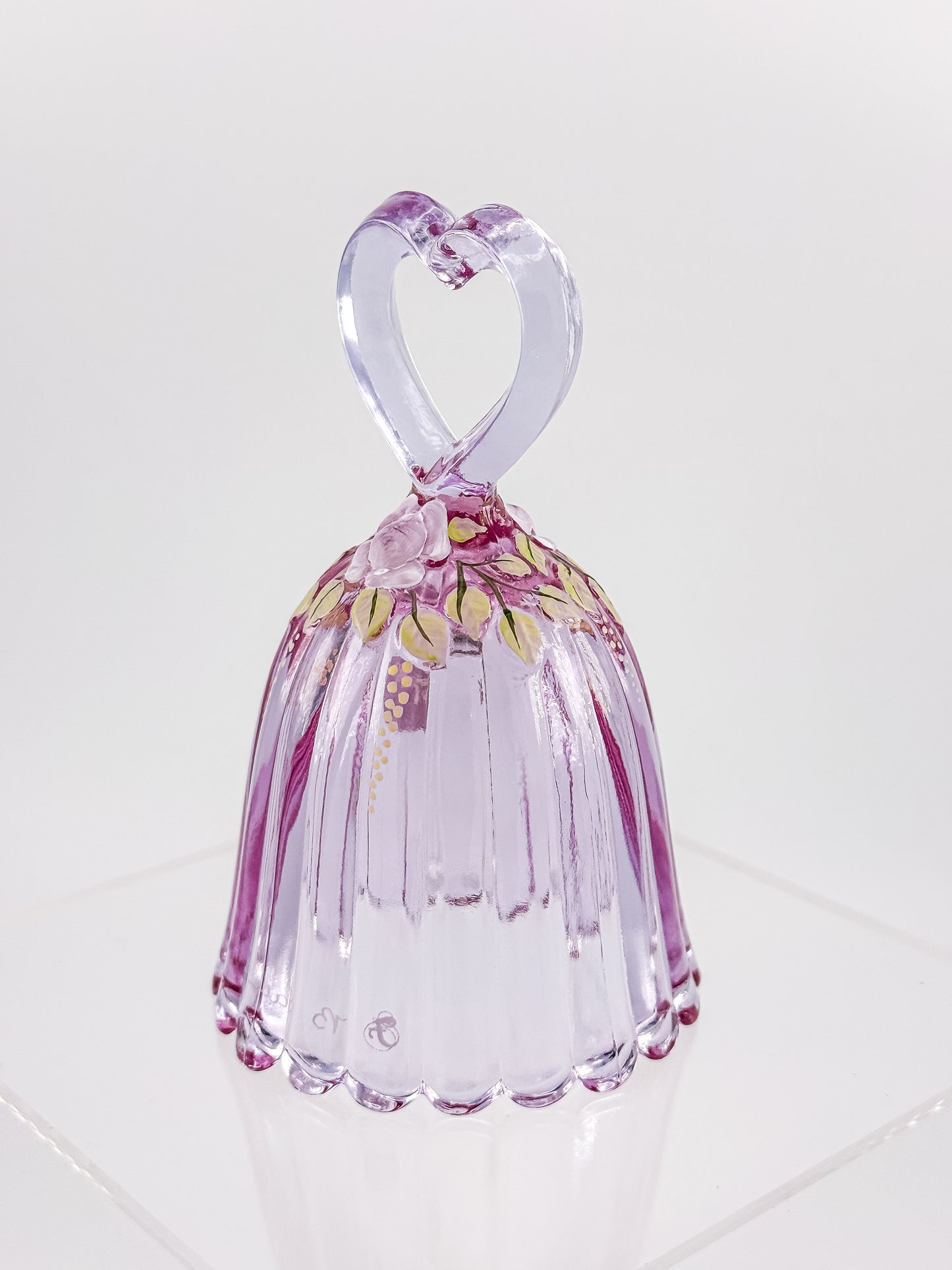 Fenton Art Glass 95th Anniversary Bell – Rosalene Pink Heart Handle Hand-Painted Roses