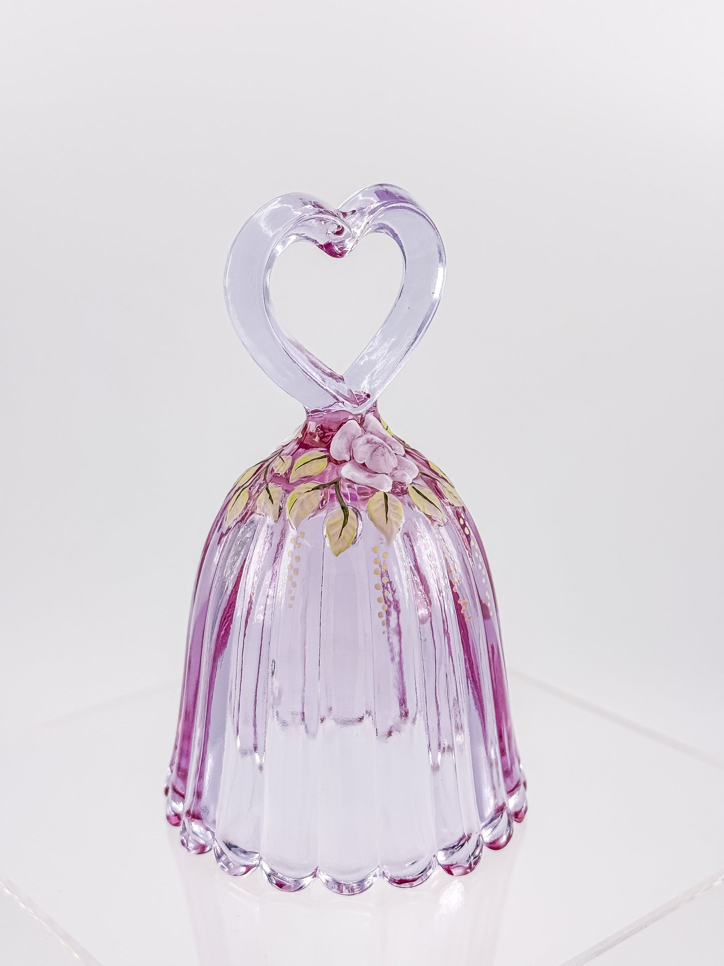 Fenton Art Glass 95th Anniversary Bell – Rosalene Pink Heart Handle Hand-Painted Roses