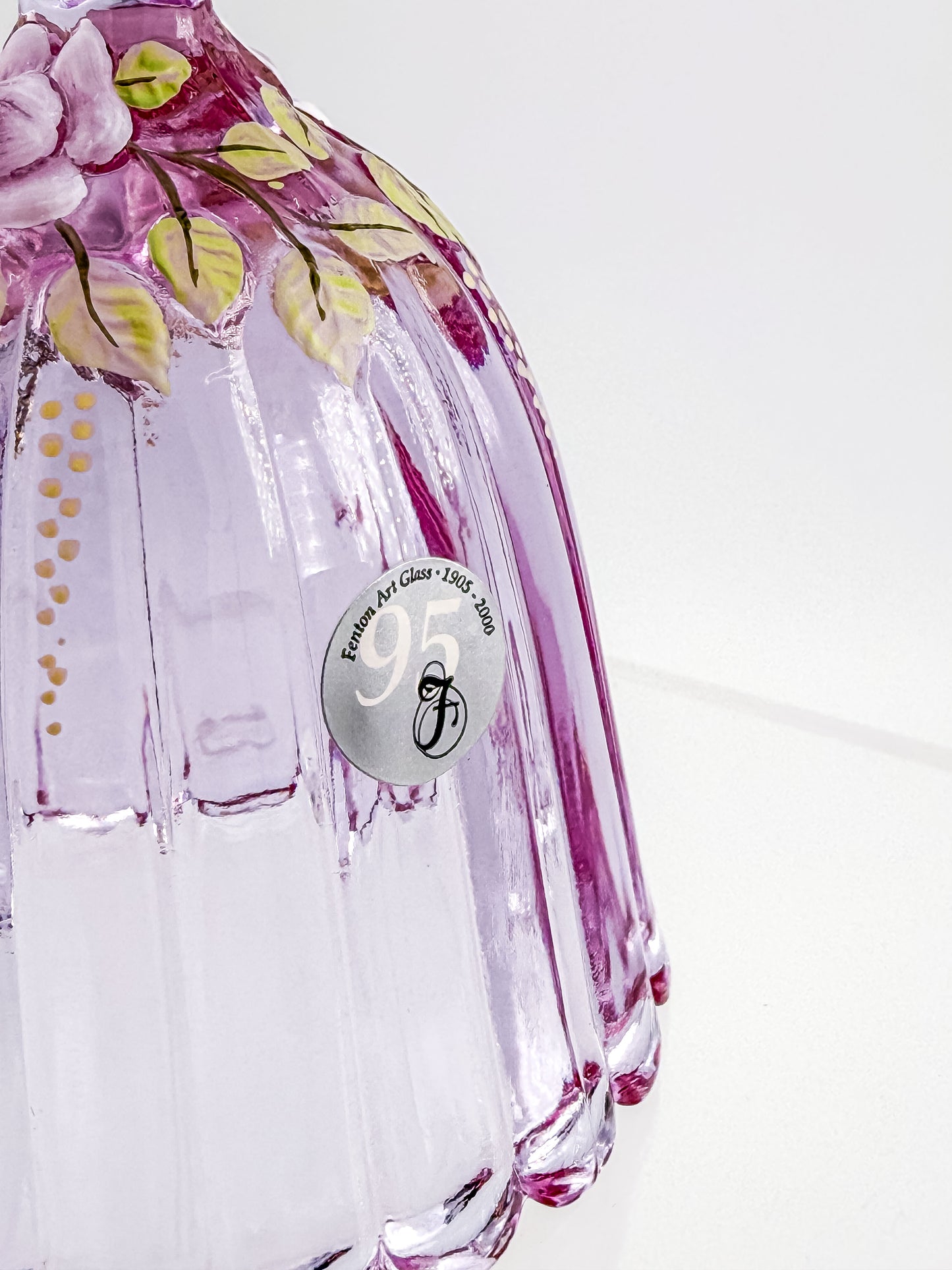 Fenton Art Glass 95th Anniversary Bell – Rosalene Pink Heart Handle Hand-Painted Roses