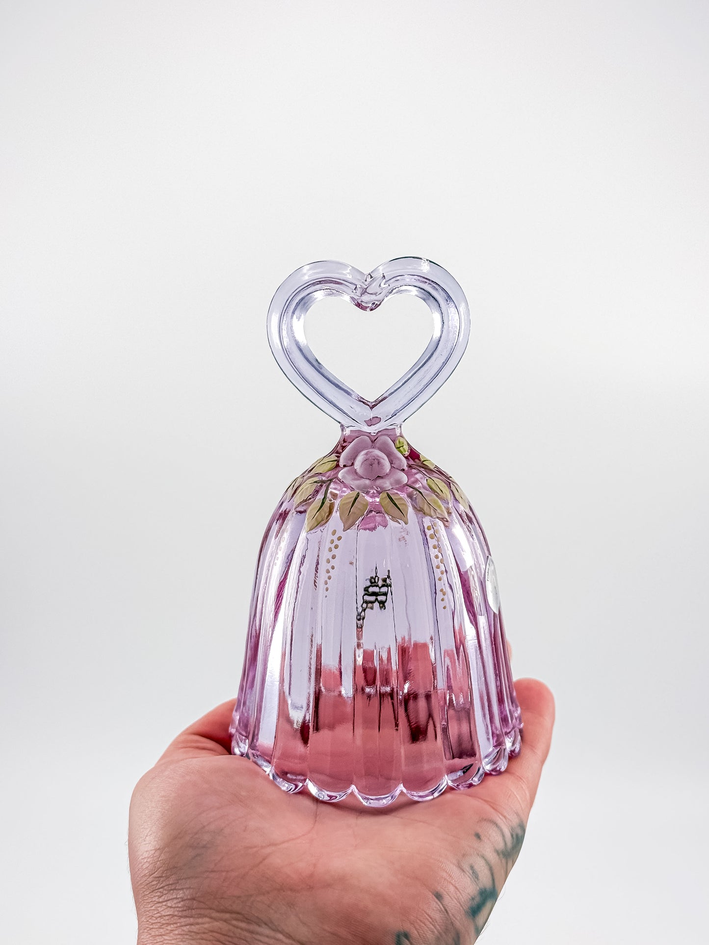 Fenton Art Glass 95th Anniversary Bell – Rosalene Pink Heart Handle Hand-Painted Roses