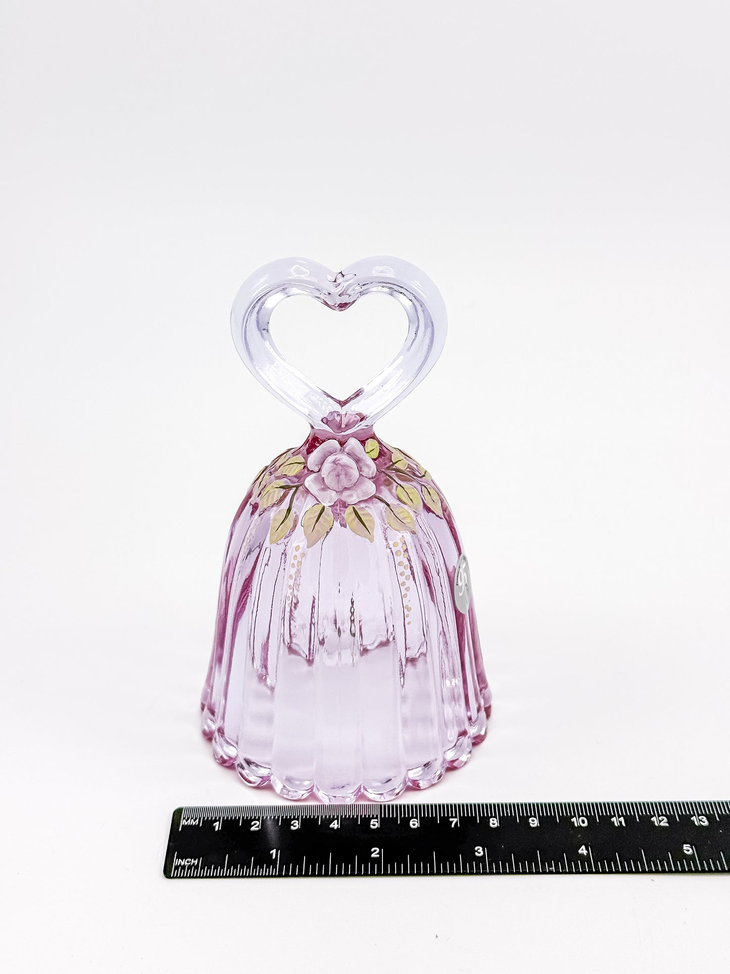 Fenton Art Glass 95th Anniversary Bell – Rosalene Pink Heart Handle Hand-Painted Roses