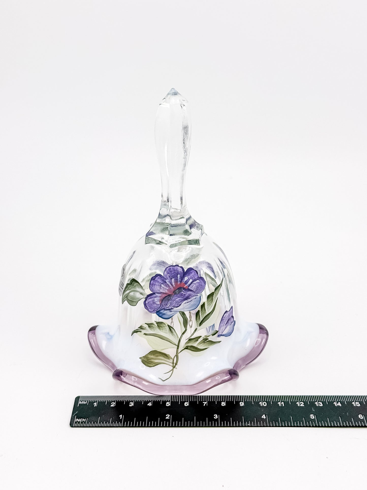 Fenton Art Glass Bell – Hand-Painted Violet Floral Opalescent