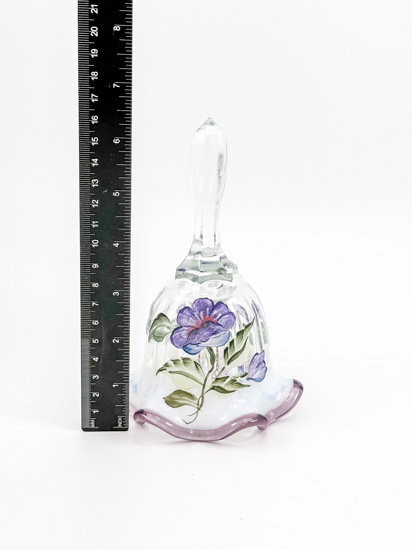 Fenton Art Glass Bell – Hand-Painted Violet Floral Opalescent