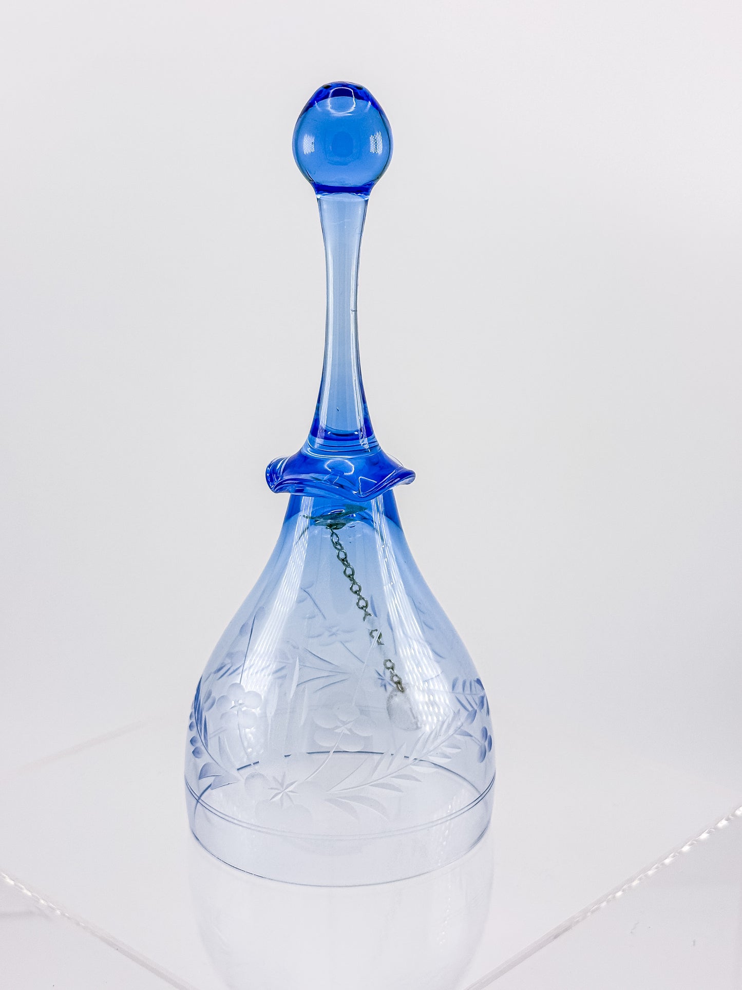 Ofnah Crystal Bell – Cobalt Blue Handle Etched Floral Wheat Lead Crystal