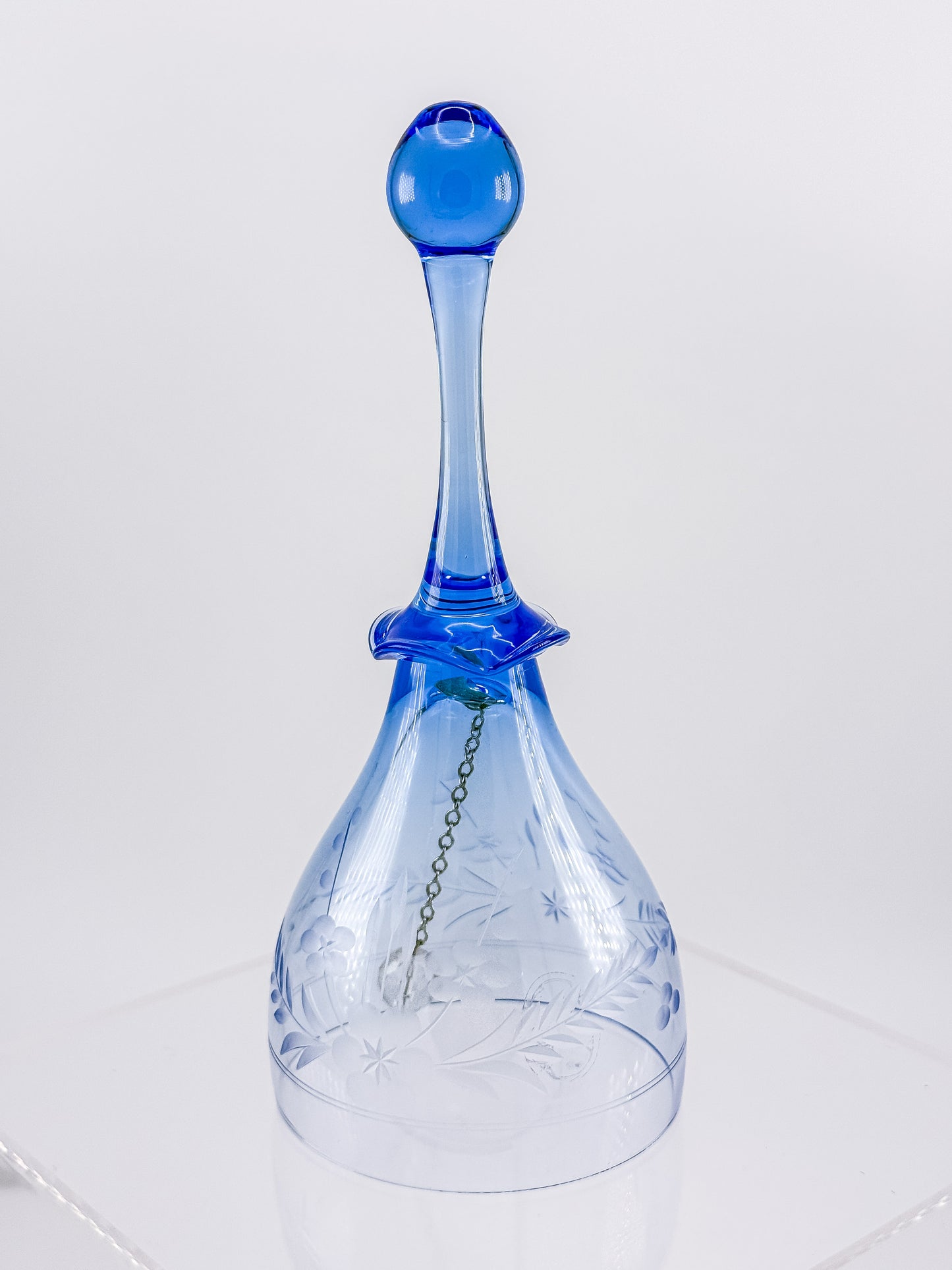 Ofnah Crystal Bell – Cobalt Blue Handle Etched Floral Wheat Lead Crystal