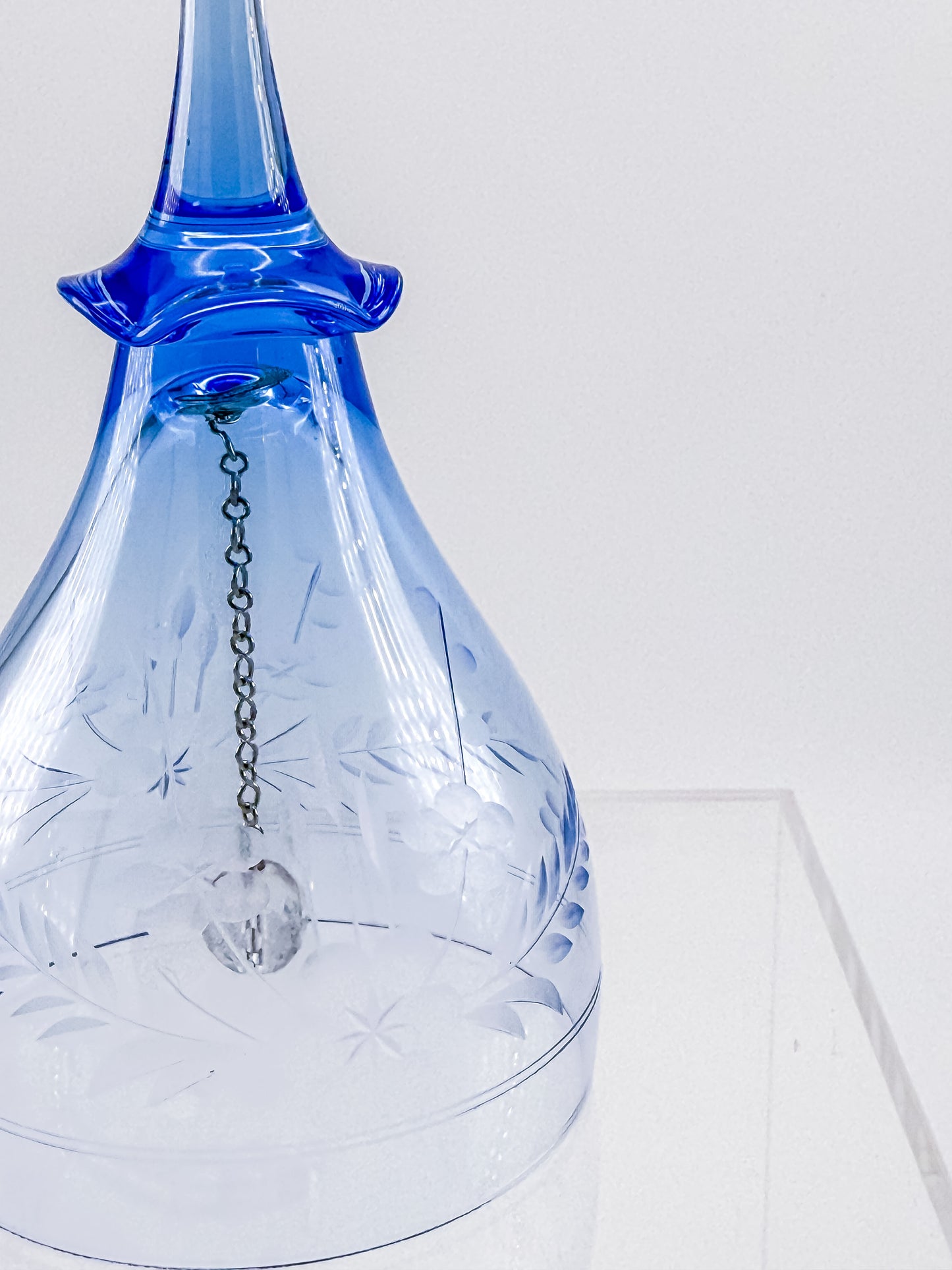 Ofnah Crystal Bell – Cobalt Blue Handle Etched Floral Wheat Lead Crystal