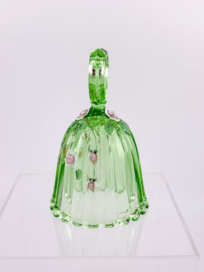 Fenton Art Glass Bell – Spring Green Heart Handle Hand-Painted Pink Rosebuds