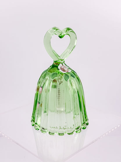 Fenton Art Glass Bell – Spring Green Heart Handle Hand-Painted Pink Rosebuds