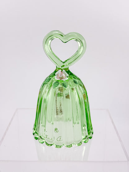 Fenton Art Glass Bell – Spring Green Heart Handle Hand-Painted Pink Rosebuds