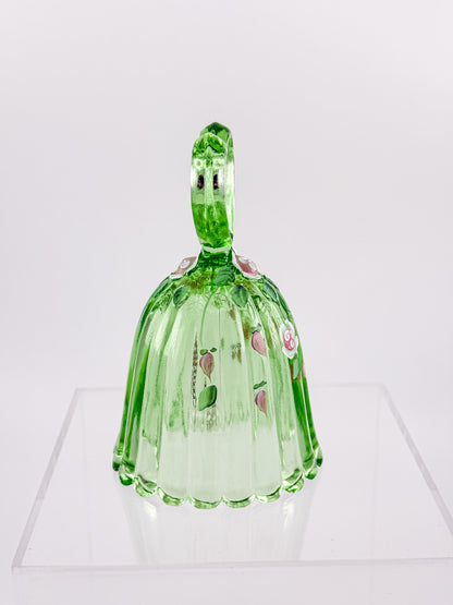 Fenton Art Glass Bell – Spring Green Heart Handle Hand-Painted Pink Rosebuds