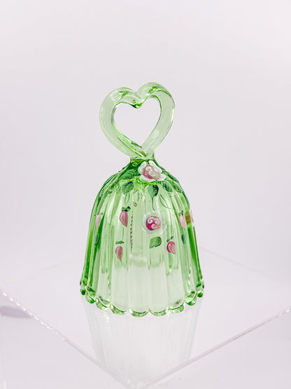 Fenton Art Glass Bell – Spring Green Heart Handle Hand-Painted Pink Rosebuds