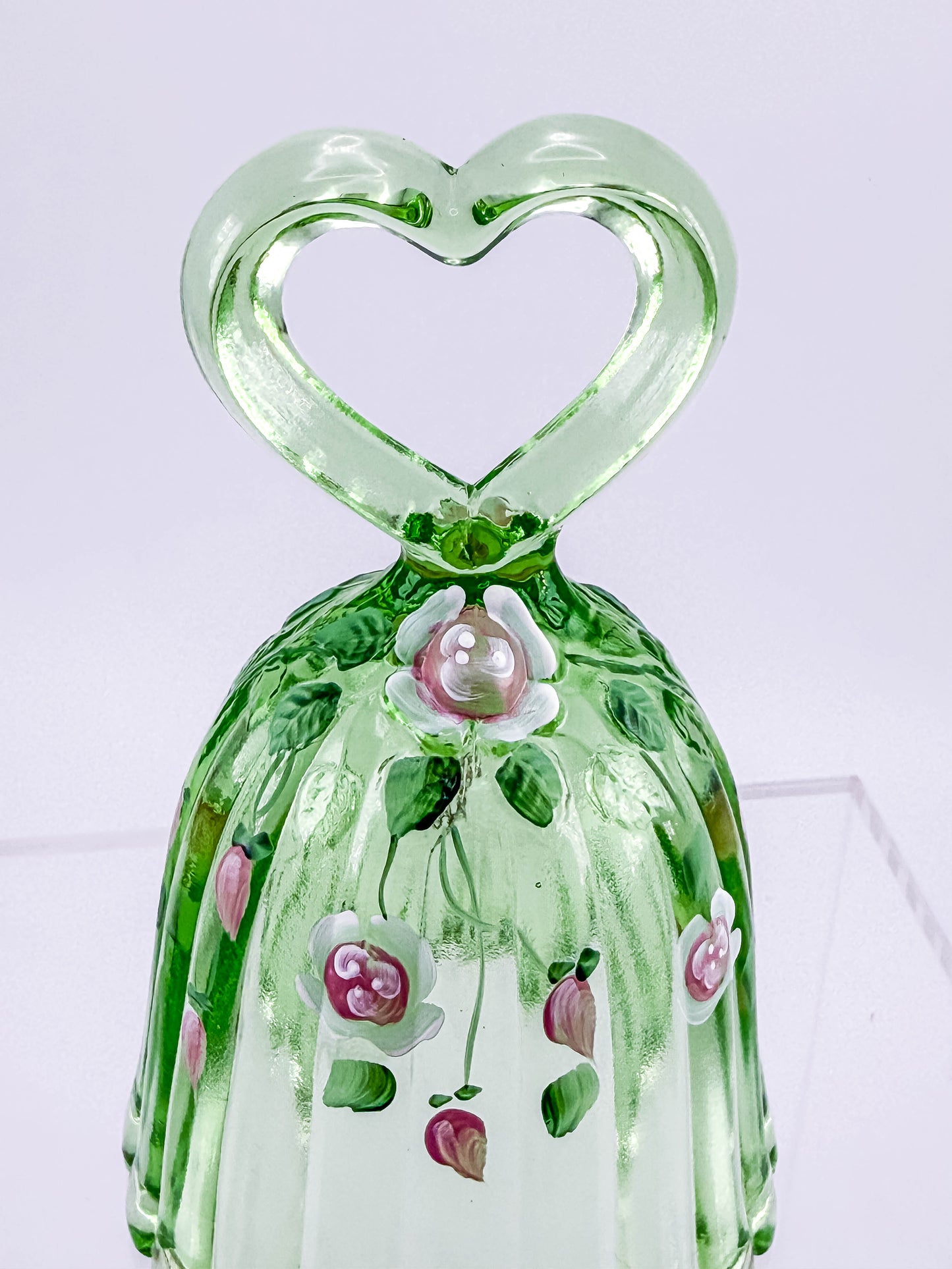 Fenton Art Glass Bell – Spring Green Heart Handle Hand-Painted Pink Rosebuds