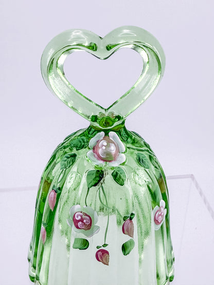 Fenton Art Glass Bell – Spring Green Heart Handle Hand-Painted Pink Rosebuds