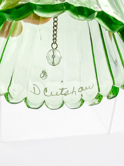 Fenton Art Glass Bell – Spring Green Heart Handle Hand-Painted Pink Rosebuds