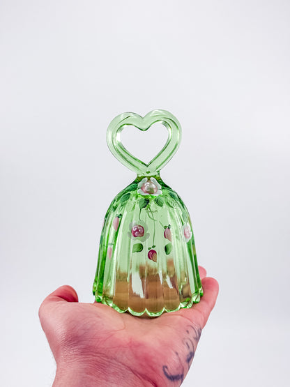 Fenton Art Glass Bell – Spring Green Heart Handle Hand-Painted Pink Rosebuds