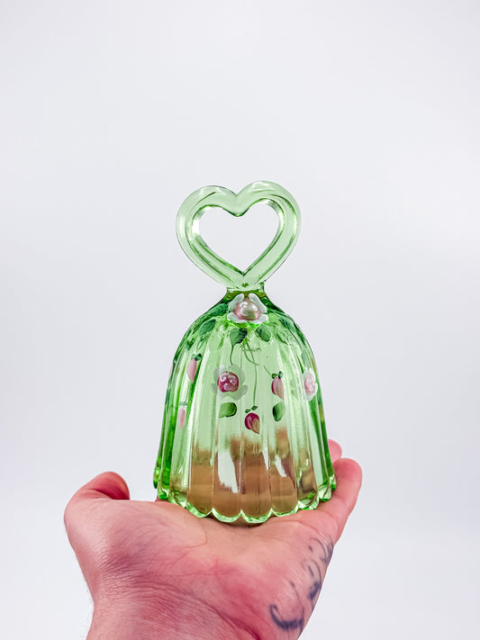Fenton Art Glass Bell – Spring Green Heart Handle Hand-Painted Pink Rosebuds