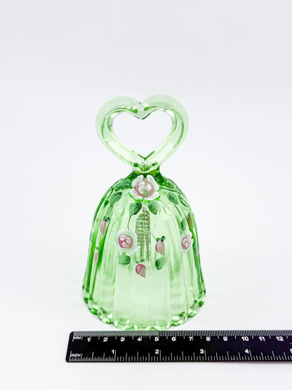 Fenton Art Glass Bell – Spring Green Heart Handle Hand-Painted Pink Rosebuds