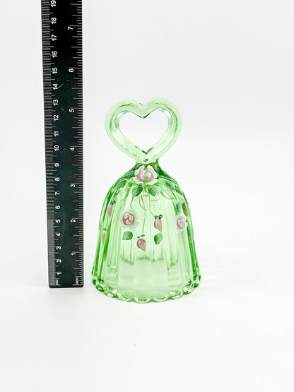 Fenton Art Glass Bell – Spring Green Heart Handle Hand-Painted Pink Rosebuds