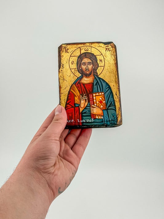 Hand-Painted Byzantine Icon Christ Pantocrator – Gold Leaf Tempera on Wood Greece