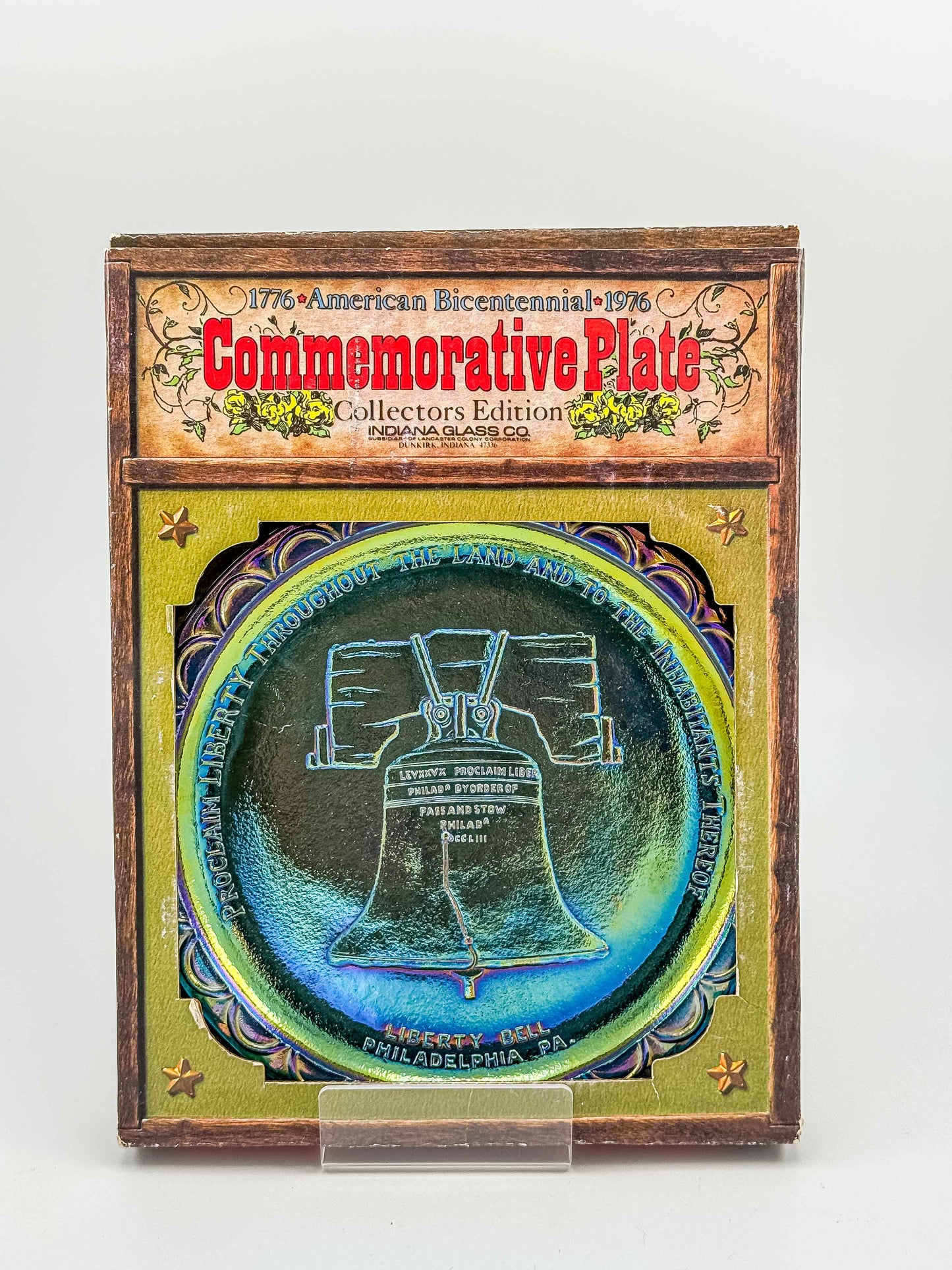 Indiana Glass Bicentennial Liberty Bell Plate – Blue Carnival Glass 1976