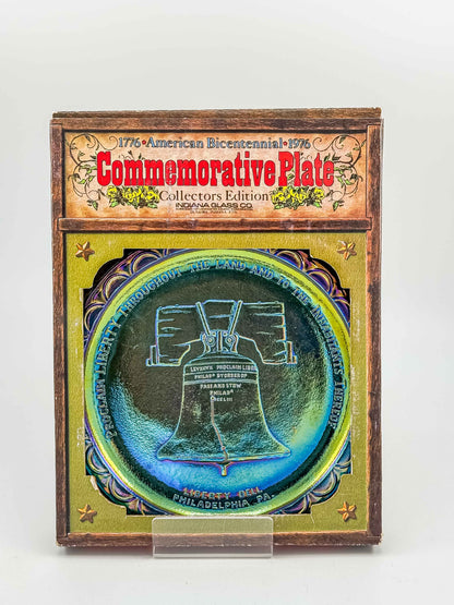 Indiana Glass Bicentennial Liberty Bell Plate – Blue Carnival Glass 1976