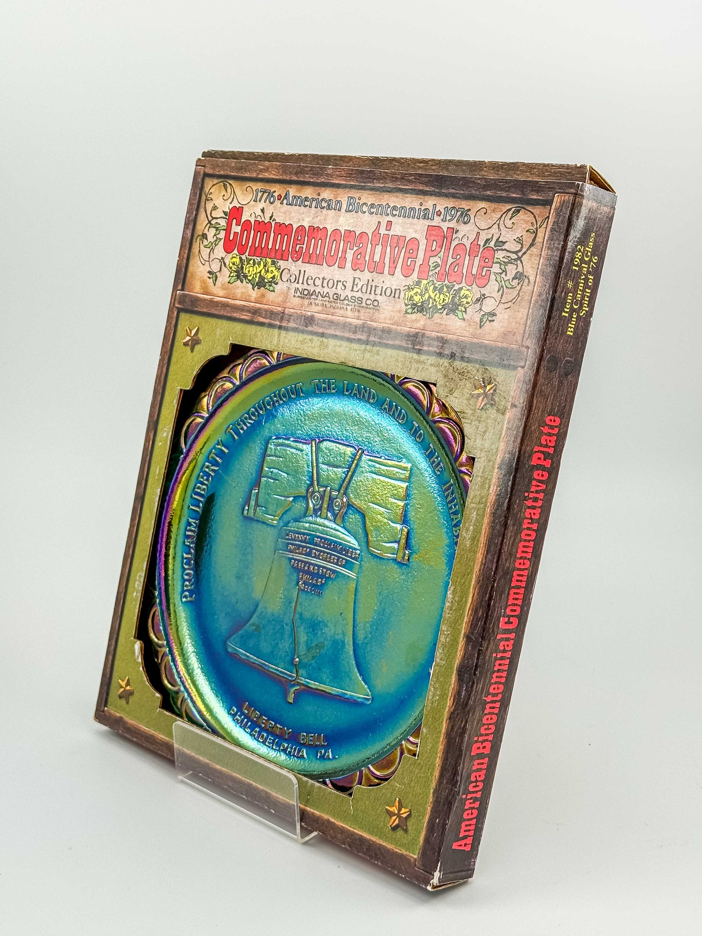 Indiana Glass Bicentennial Liberty Bell Plate – Blue Carnival Glass 1976