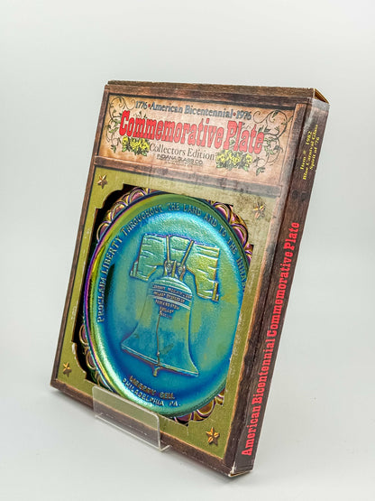 Indiana Glass Bicentennial Liberty Bell Plate – Blue Carnival Glass 1976
