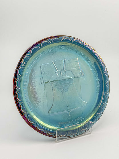 Indiana Glass Bicentennial Liberty Bell Plate – Blue Carnival Glass 1976