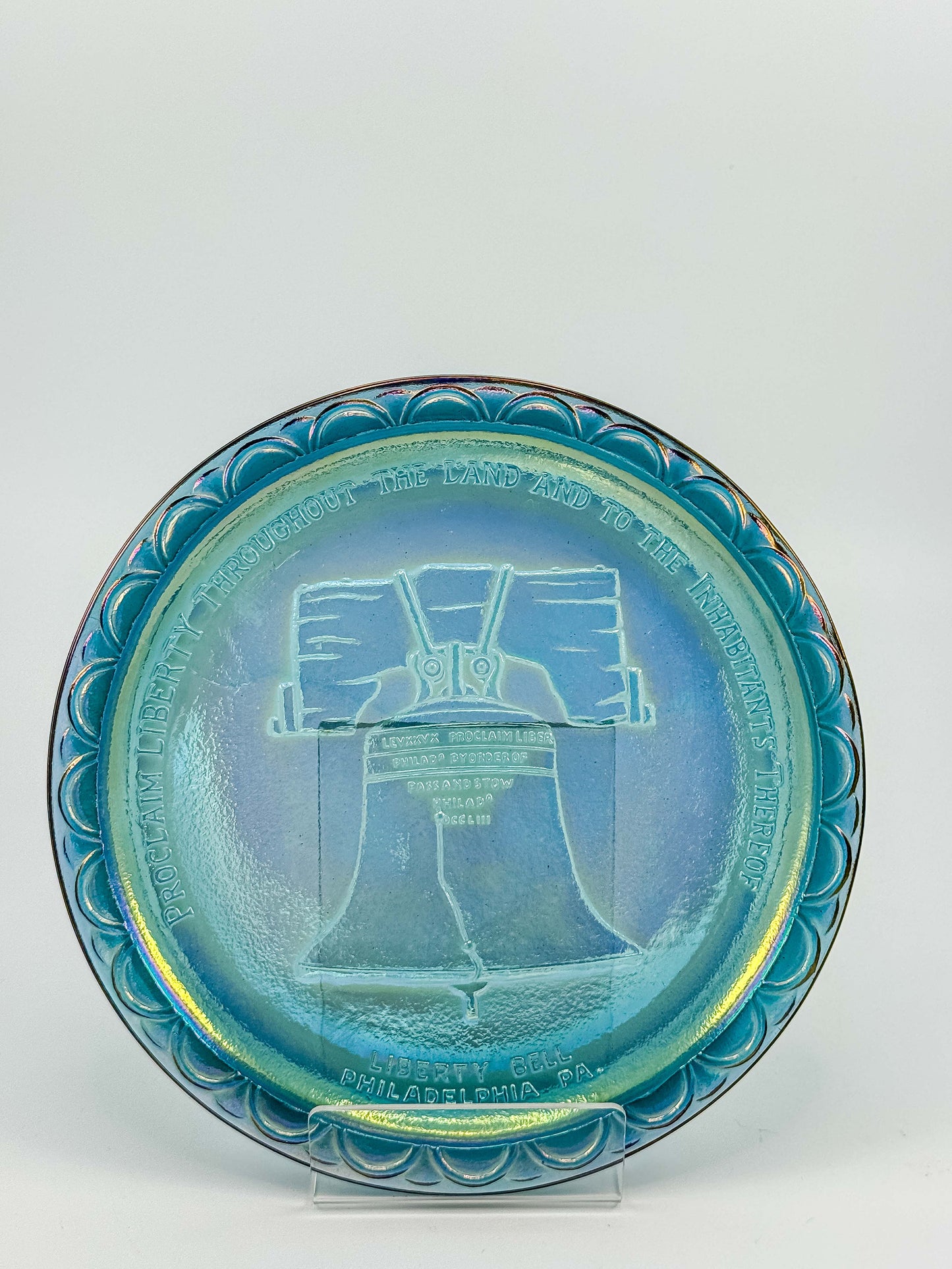 Indiana Glass Bicentennial Liberty Bell Plate – Blue Carnival Glass 1976