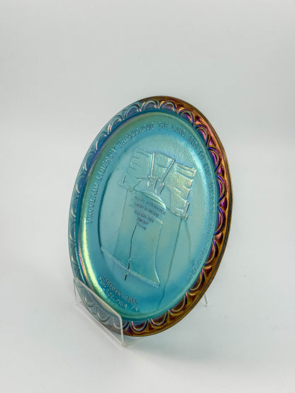 Indiana Glass Bicentennial Liberty Bell Plate – Blue Carnival Glass 1976
