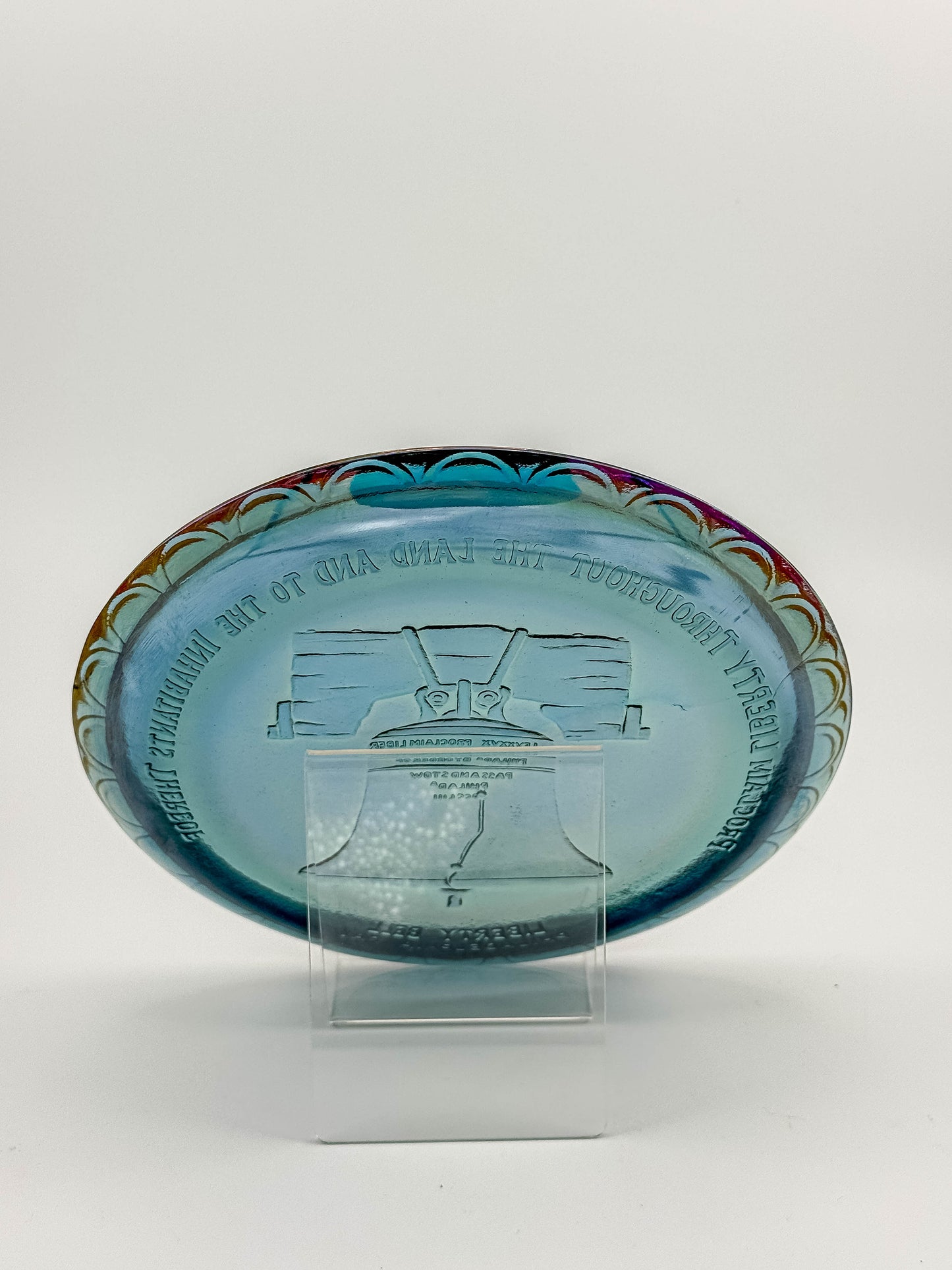 Indiana Glass Bicentennial Liberty Bell Plate – Blue Carnival Glass 1976