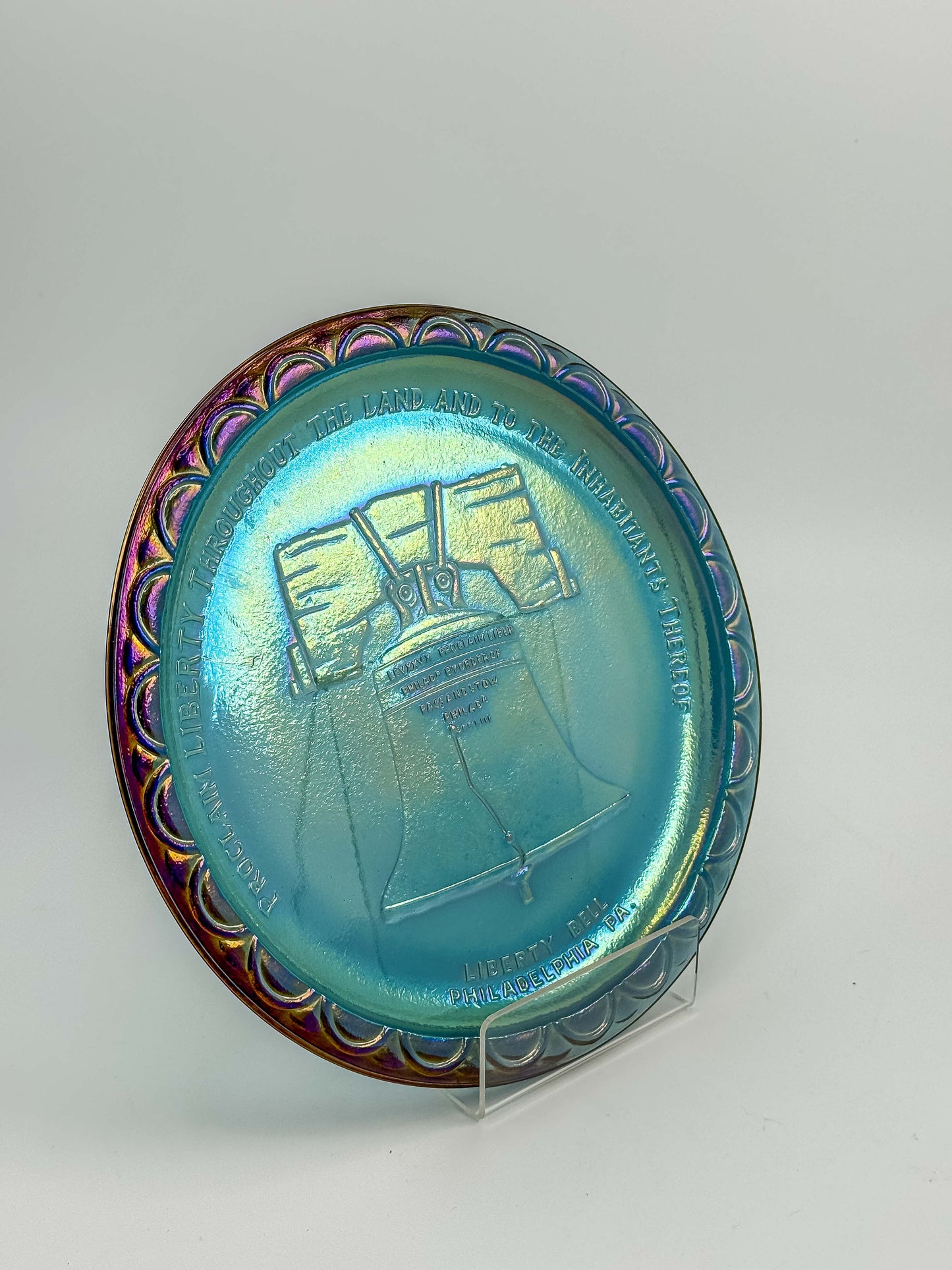 Indiana Glass Bicentennial Liberty Bell Plate – Blue Carnival Glass 1976