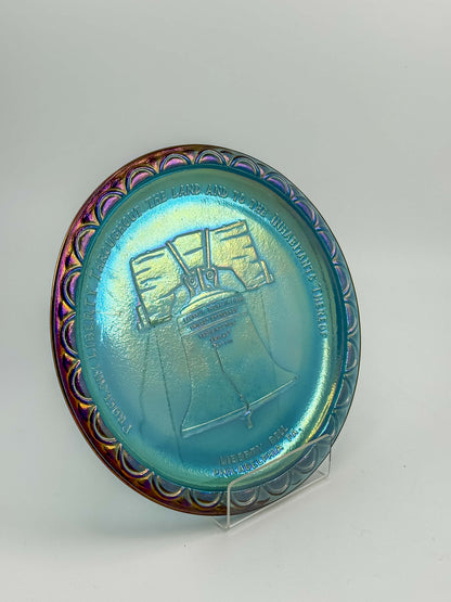 Indiana Glass Bicentennial Liberty Bell Plate – Blue Carnival Glass 1976