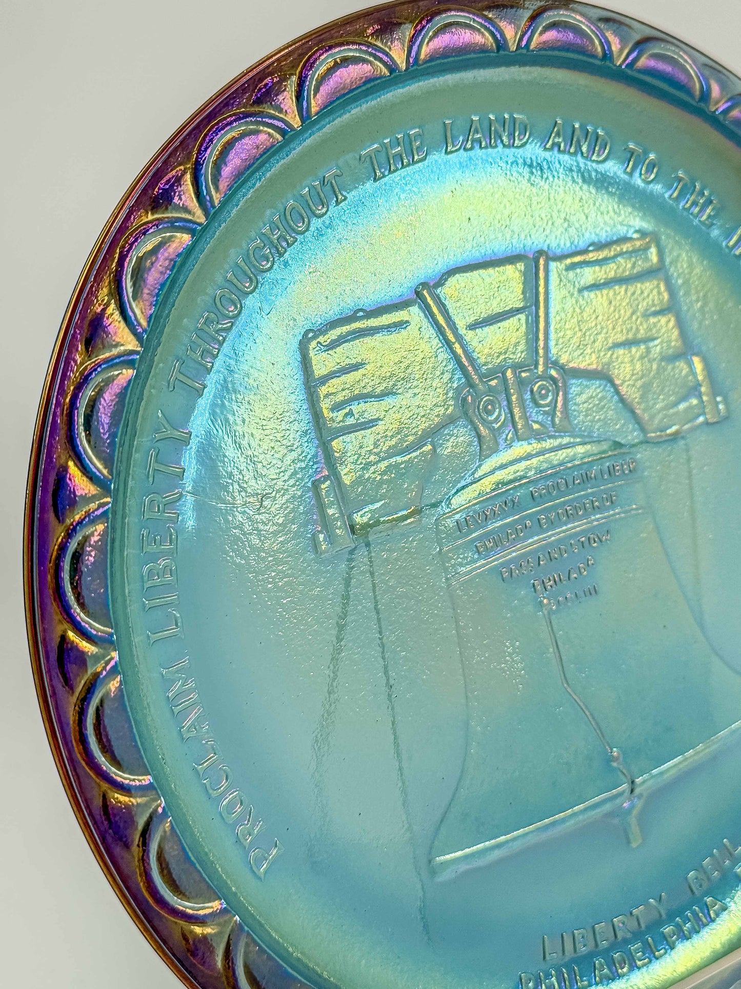 Indiana Glass Bicentennial Liberty Bell Plate – Blue Carnival Glass 1976