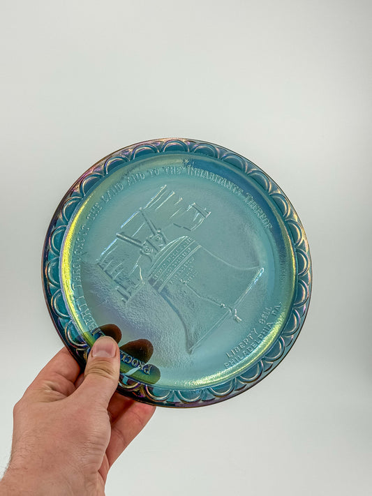 Indiana Glass Bicentennial Liberty Bell Plate – Blue Carnival Glass 1976